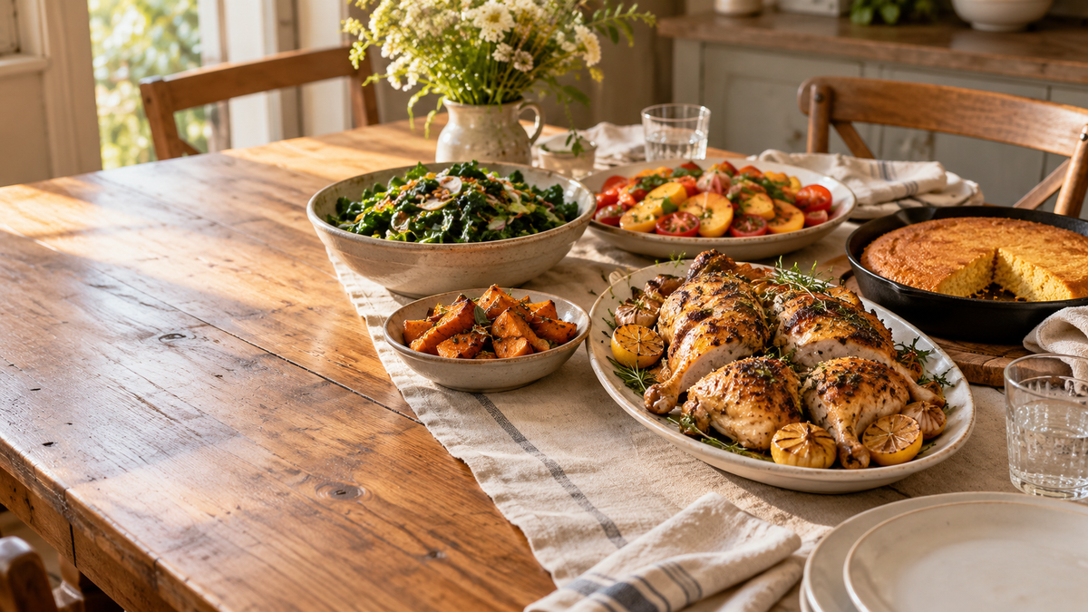 A welcoming Southern Sunday table with roast chicken, greens, skillet cornbread, tomatoes and peaches. Serving inspiration.