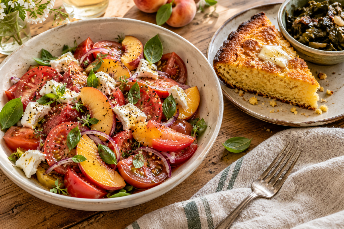 Tomato and peach salad with golden cornbread and greens on a warm Southern kitchen table. Serving inspiration.