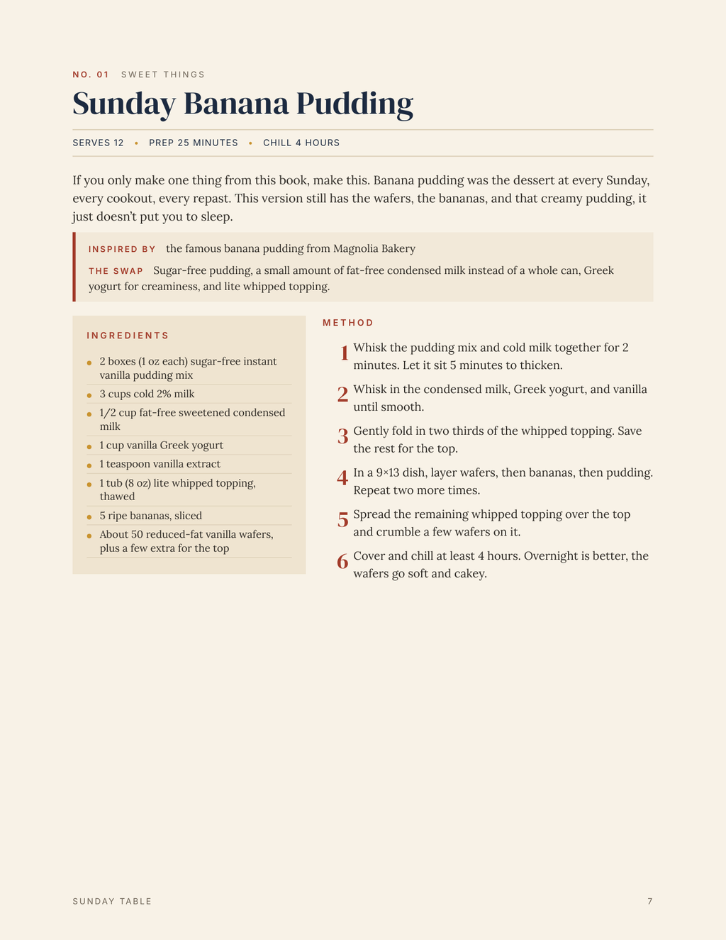 Actual page 7 preview: Sunday Banana Pudding ingredients, serving information, The Swap note and numbered method.