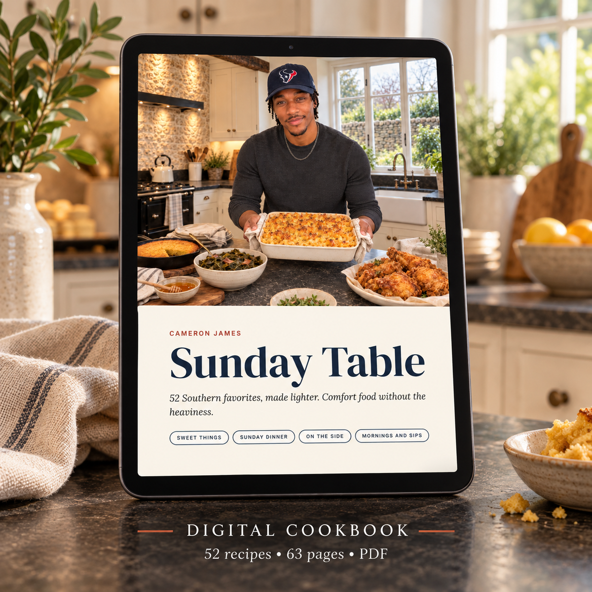 Sunday Table digital cookbook on a tablet; 52 recipes, 63 pages, PDF. Tablet not included.