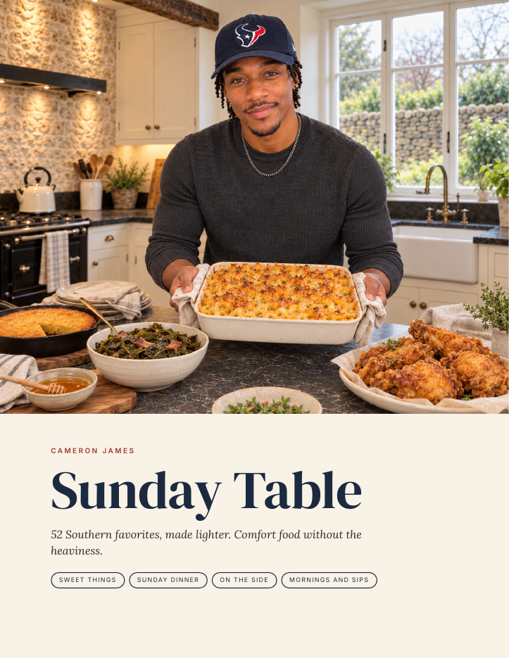 Actual Sunday Table PDF cover featuring Cameron James holding baked mac and cheese.