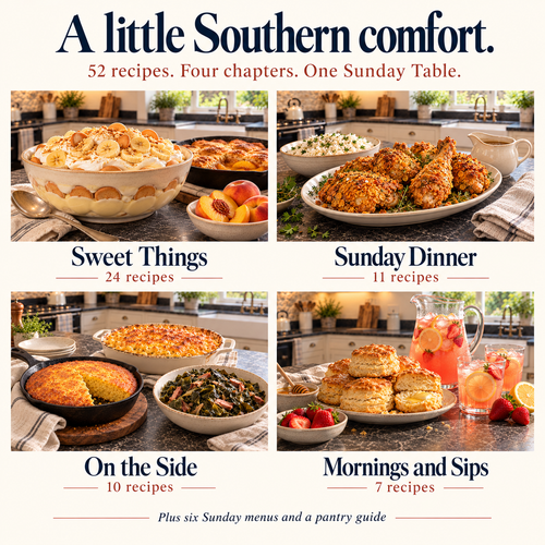 The cookbook's four chapters: Sweet Things 24 recipes, Sunday Dinner 11, On the Side 10, and Mornings and Sips 7.